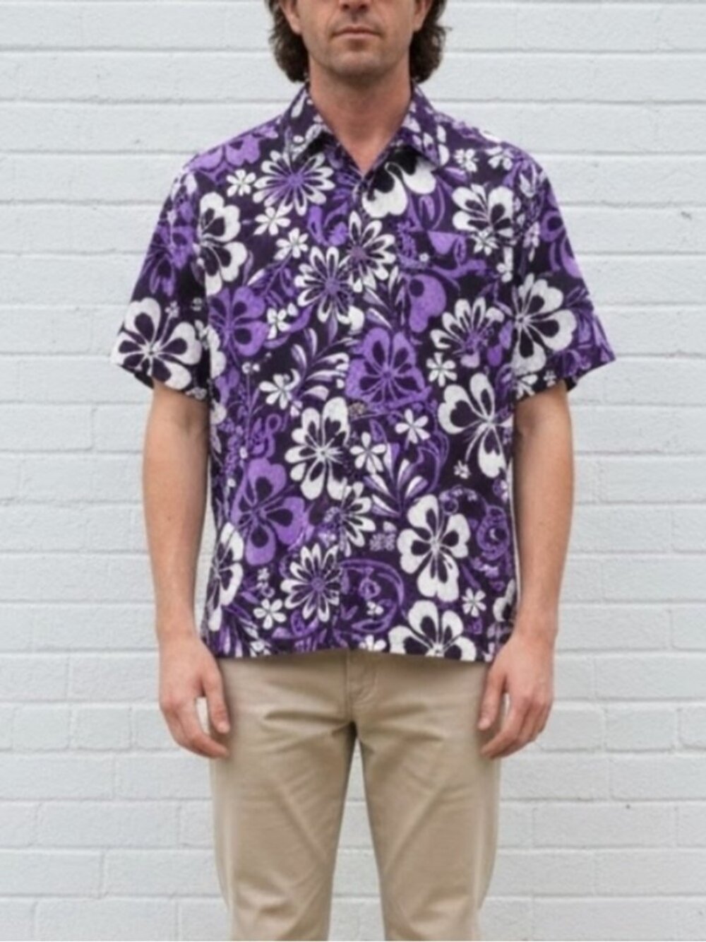Vintage Purple Funky Tropical Flower Short Sleeve Shirt Mens Size Medium Hawaii